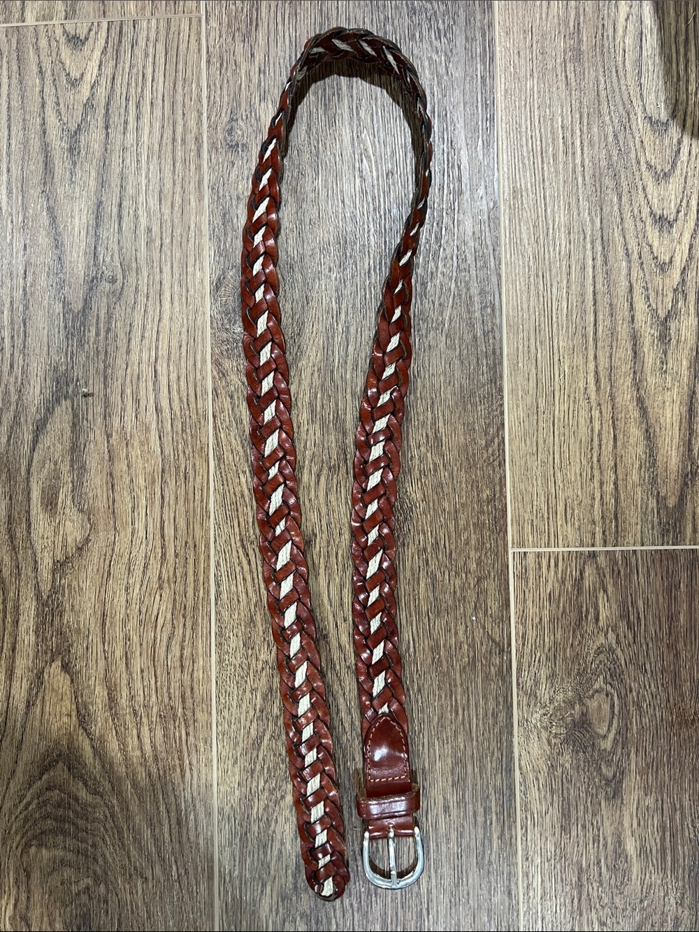 Braided Leather Waist Belt in Cognac Brown